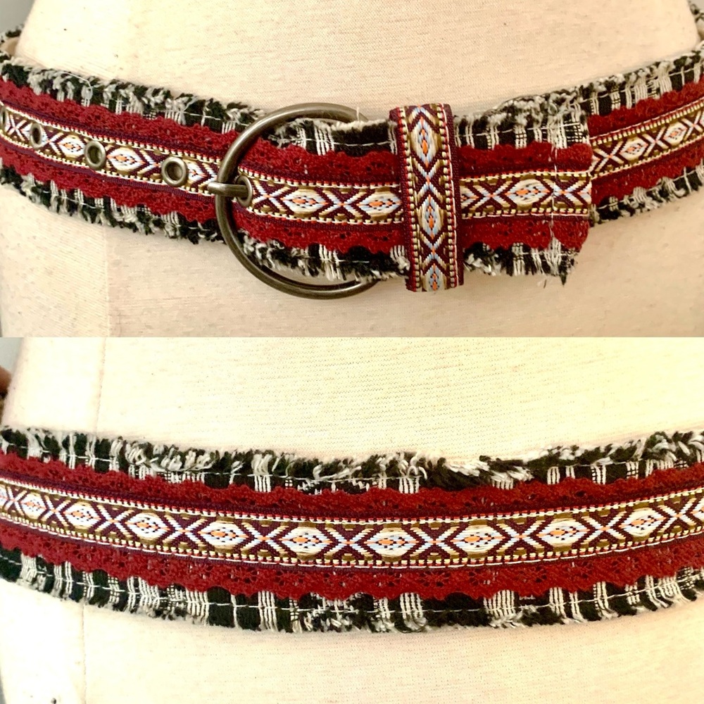 90s Aztec tribal print woven cloth fringe belt Bohemian Boho